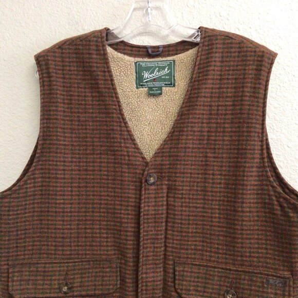 Woolrich Teton Vest Mens Large Wool Blend Sherpa Lined Brown Houndstooth Zip - Picture 3 of 11
